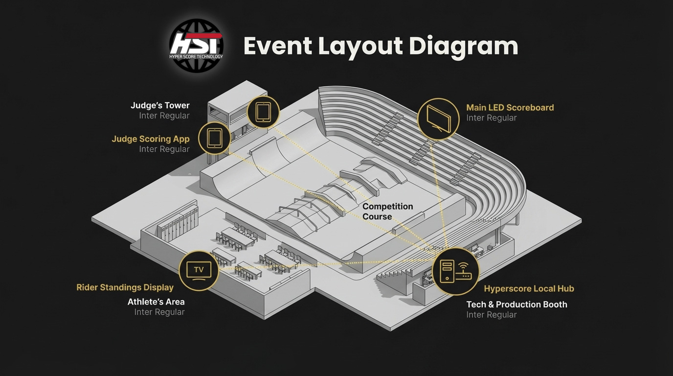 Event layout diagram showing judges, operator, display, audience, and skatepark positioning